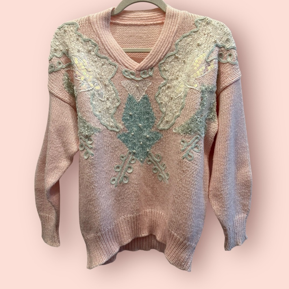 Vintage 80s Pink Embellished Coquette Sweater